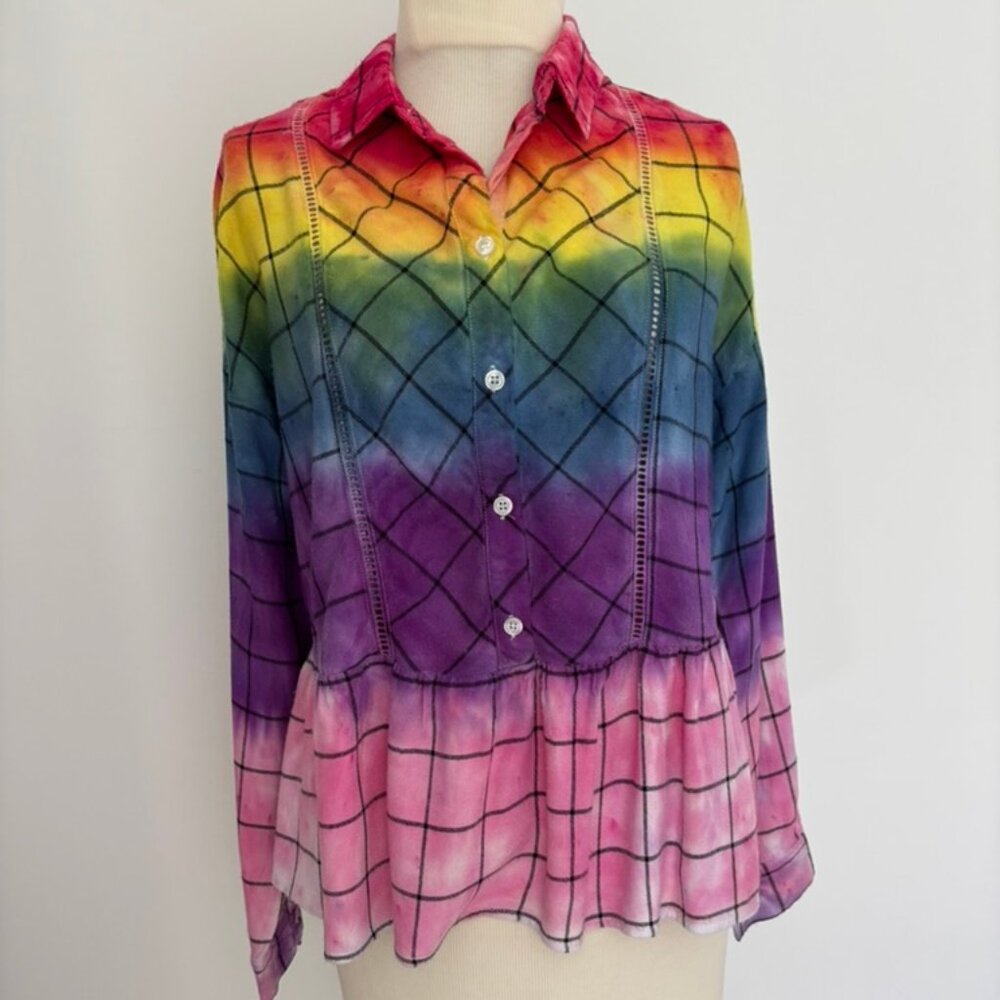 Upcycled reimagined rainbow colorful flannel boho blouse
